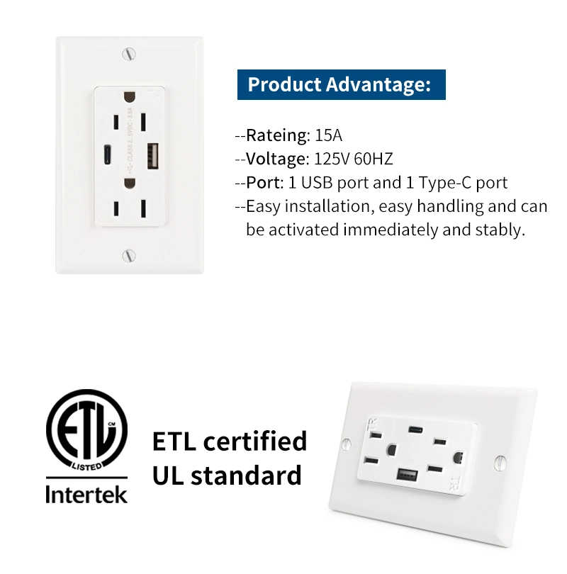 Us Standard Wall Electrical Outlet Socket with USB Receptable UL Certificate