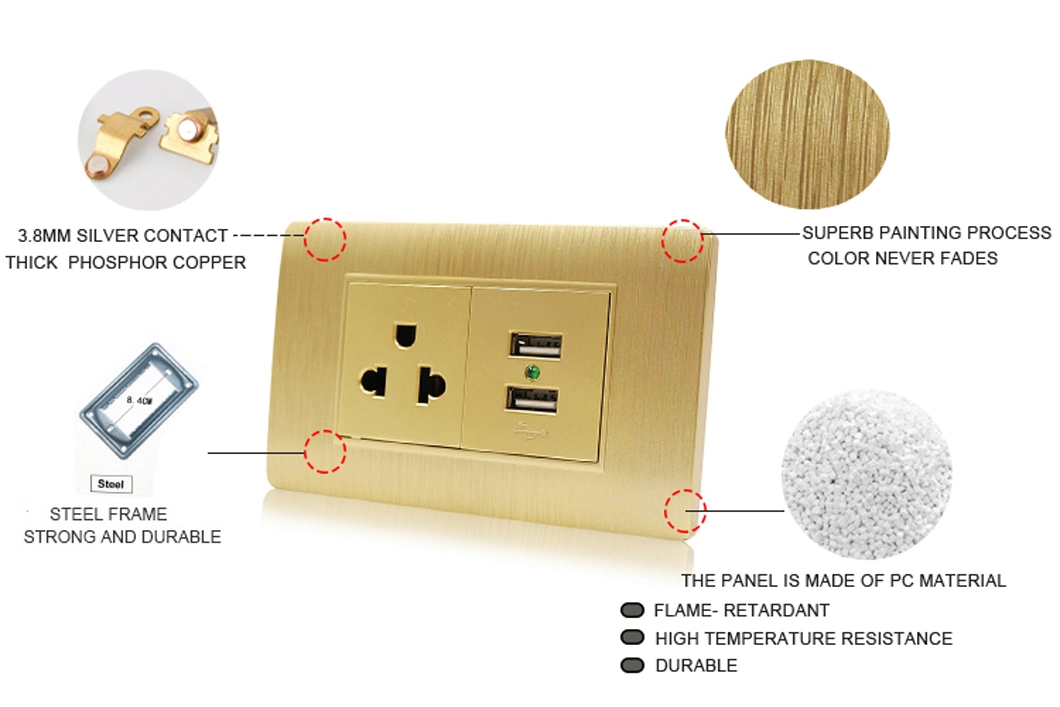 South America Standard 118 Type M Series Gold Color Electrical 3 Holes Wall Socket with 2 USB Ports