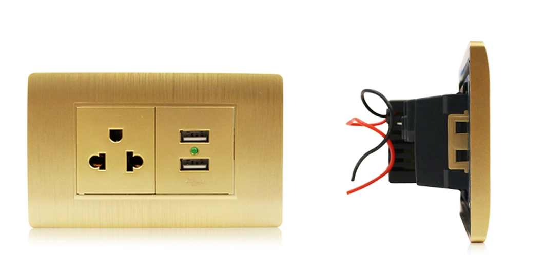 South America Standard 118 Type M Series Gold Color Electrical 3 Holes Wall Socket with 2 USB Ports