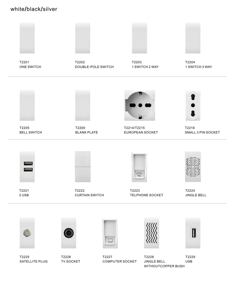 Bolivia Italy Design South America White Black Silver Colored Panel Wall Switch and Socket
